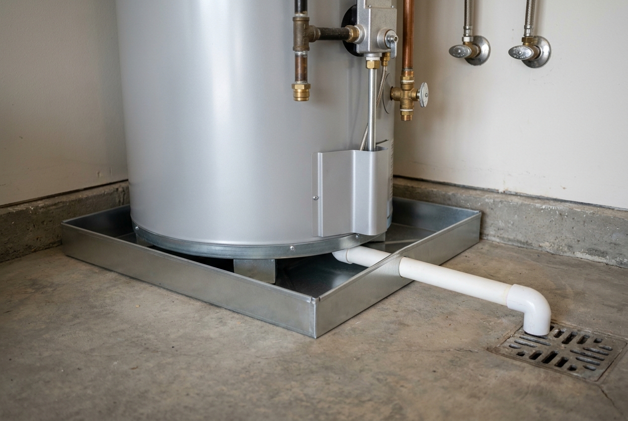 Drain pan beneath a water heater with its discharge line piped away