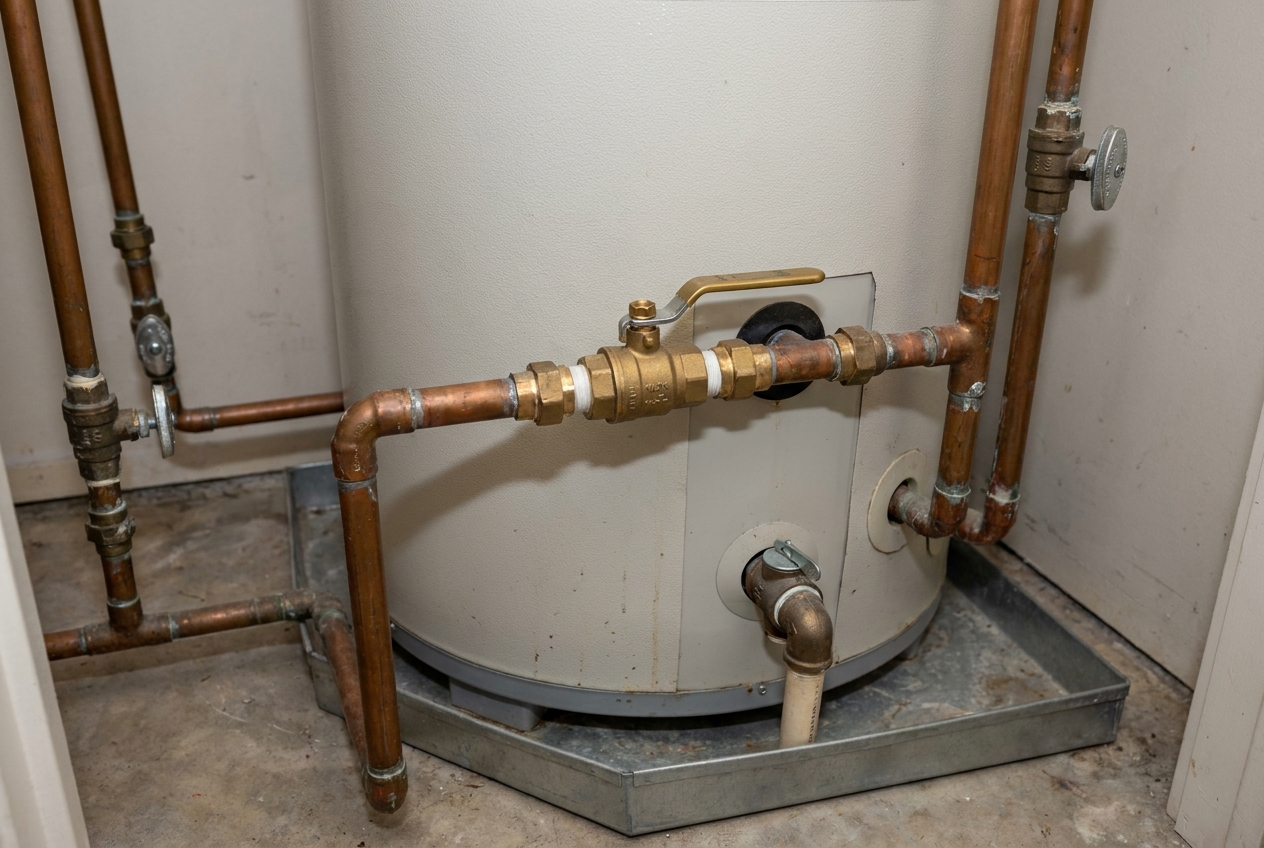 Cold water shutoff valve on the supply line above a water heater