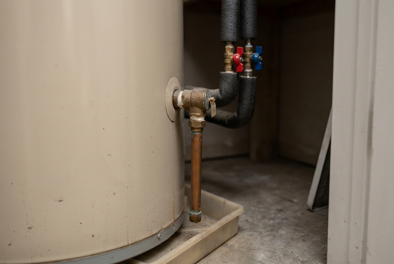 Temperature and pressure relief valve with its discharge pipe on a water heater