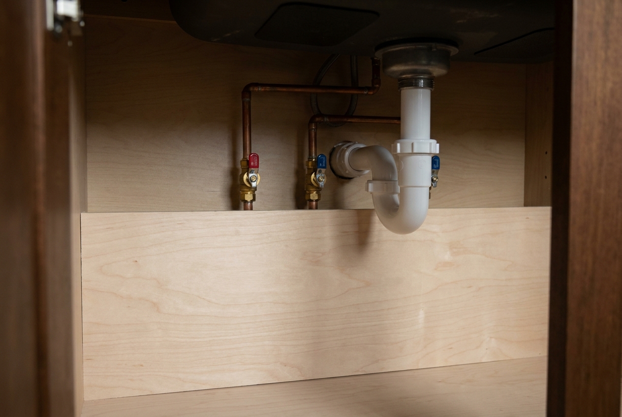 Dry sink cabinet base with clean supply lines and shutoff valves