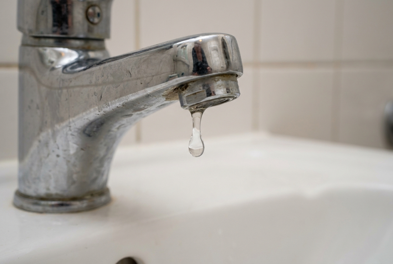 Single drop of water falling from a faucet spout into a basin