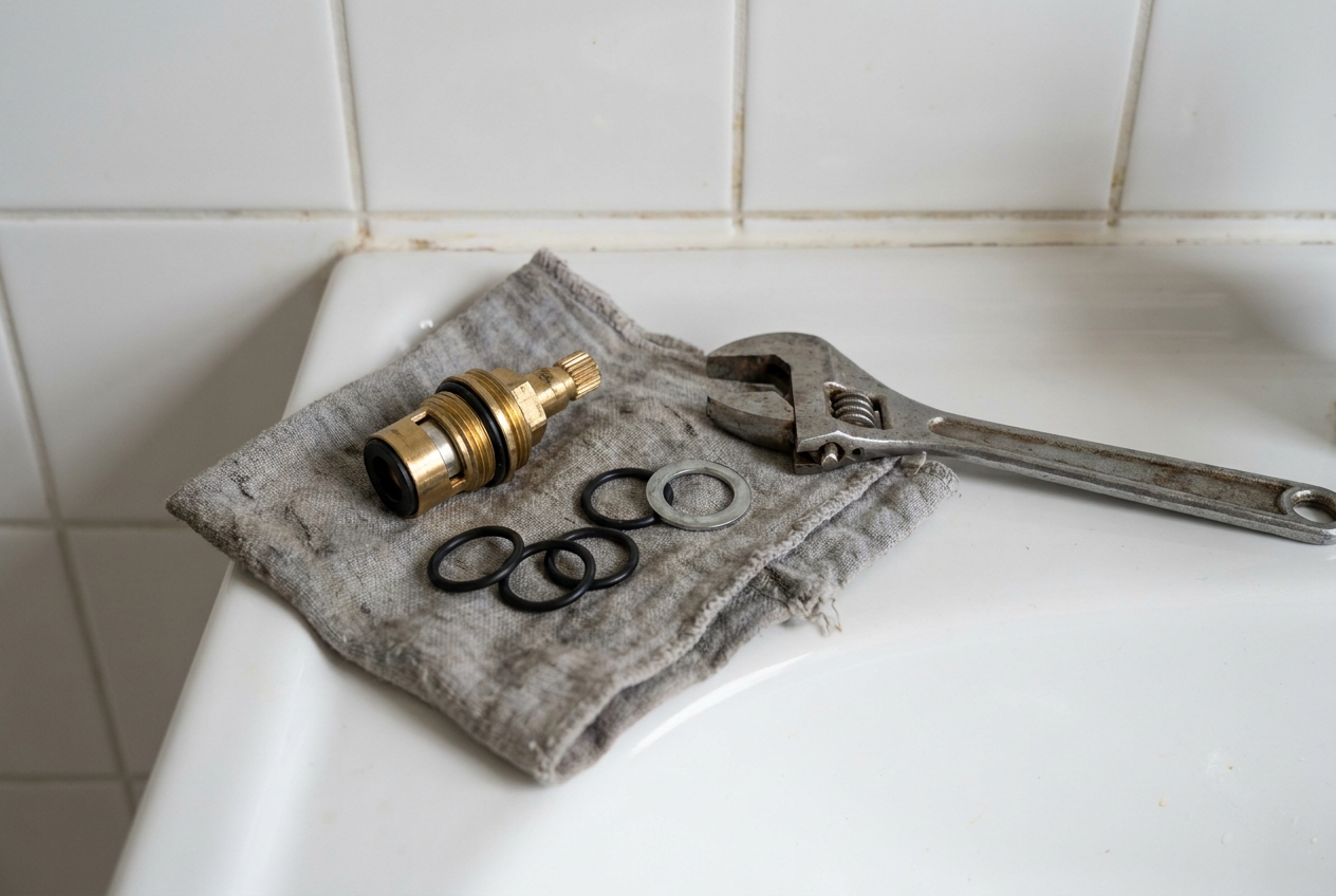 Replacement cartridge and O-rings laid out beside a dismantled faucet