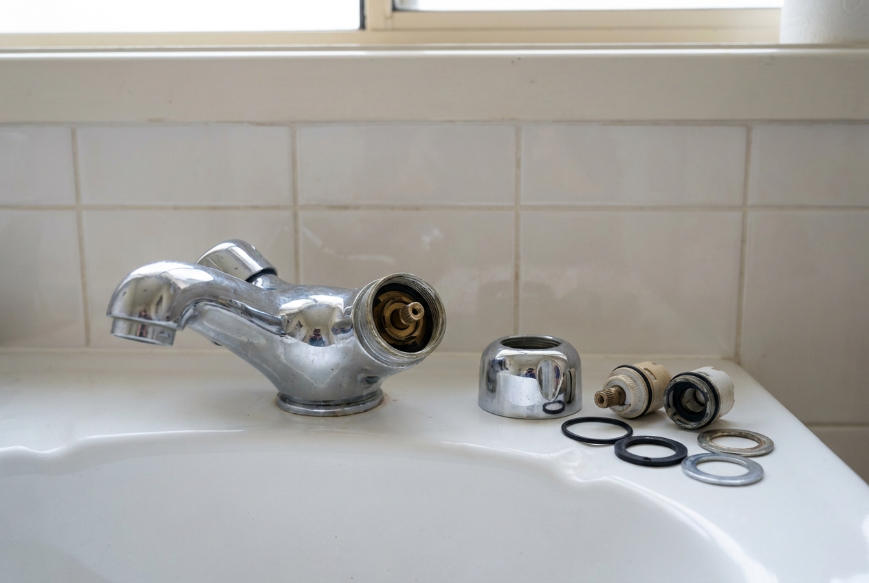 Faucet body opened at the valve to inspect the cartridge seat