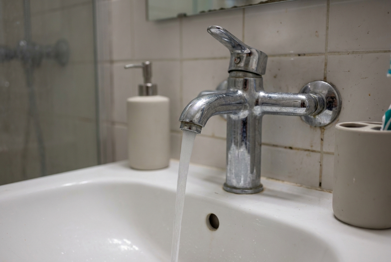 Water running from a repaired faucet during a final flow and seal check