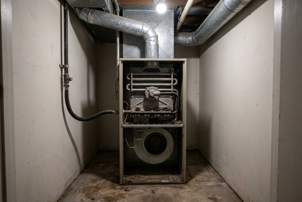 Indoor gas furnace cabinet installed beside ductwork in a utility space