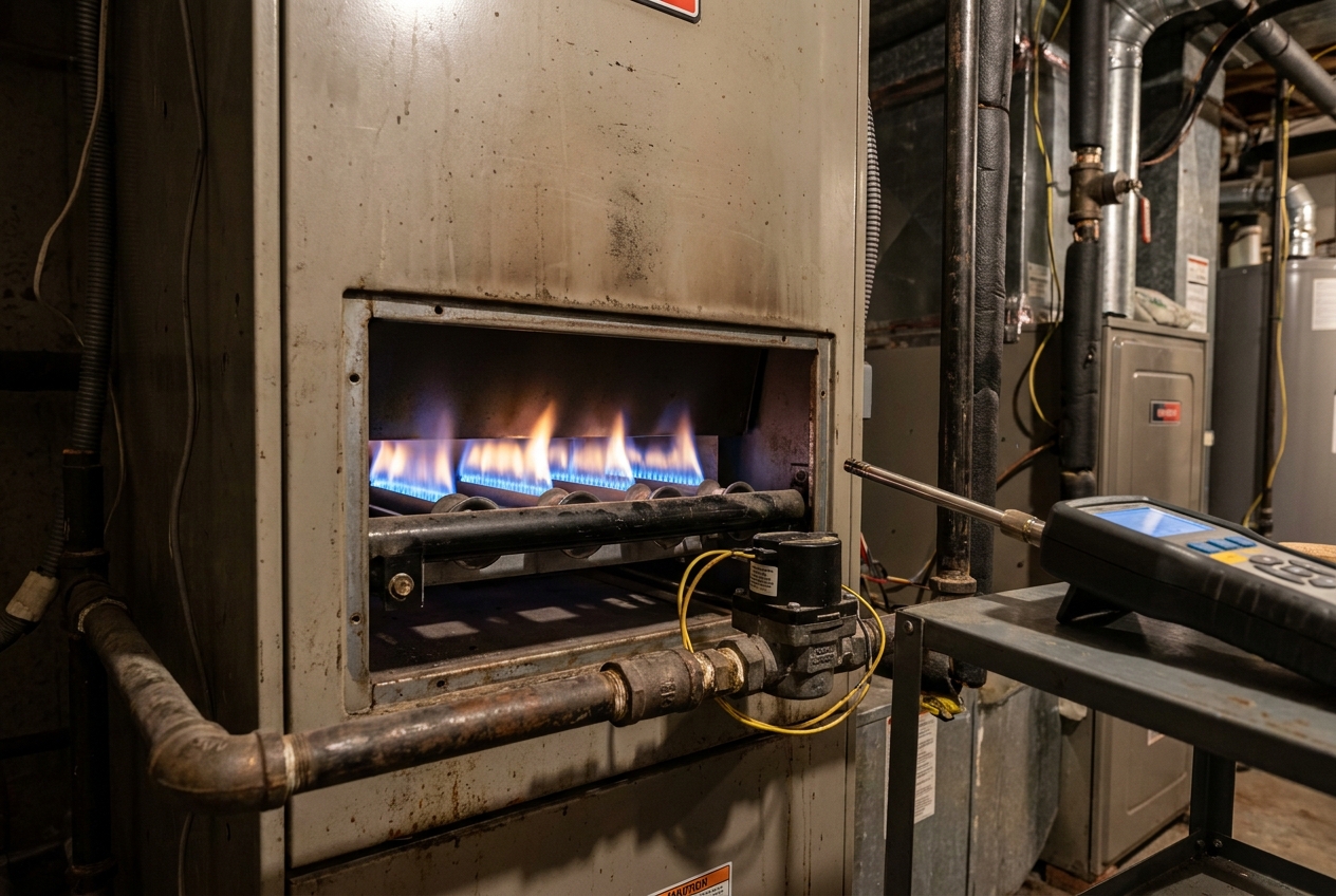 Furnace burners lit with blue flames while a combustion analyzer probe is held at the opening