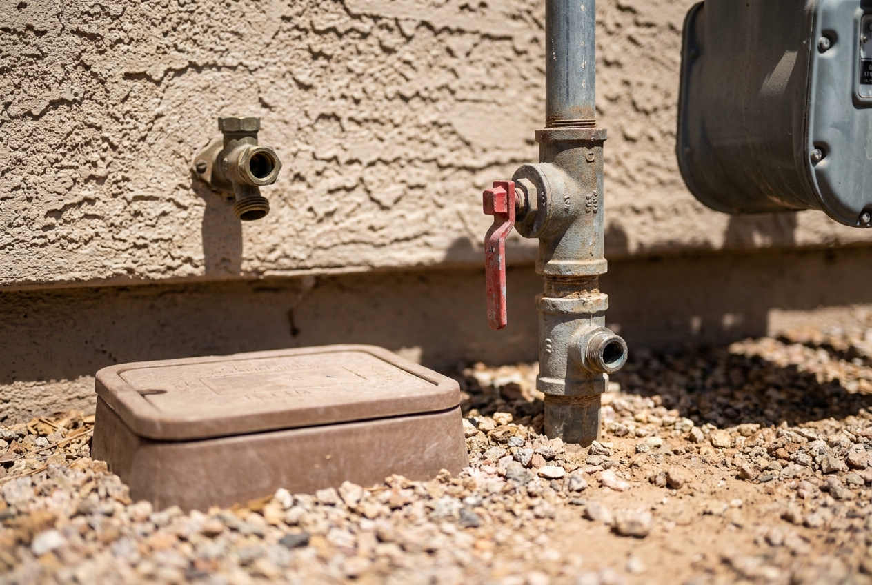 Gas shutoff valve at the meter riser outside a Tucson home