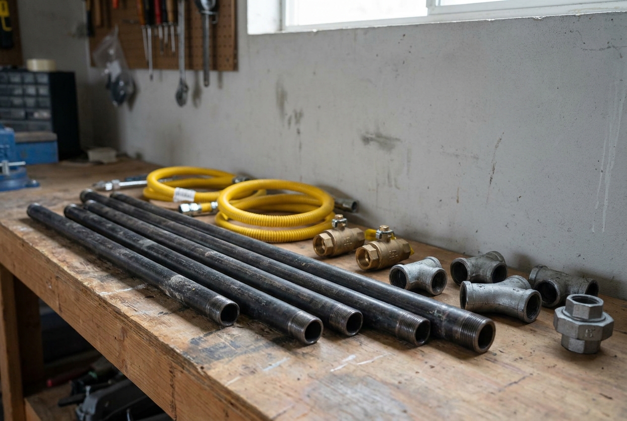 Black iron gas pipe sections and threaded fittings laid out on a bench