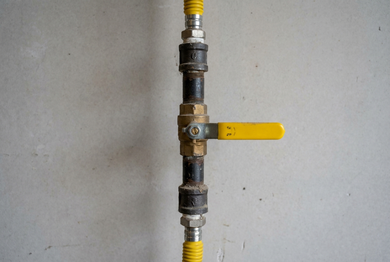 Yellow-handled gas ball valve closed on a black iron line