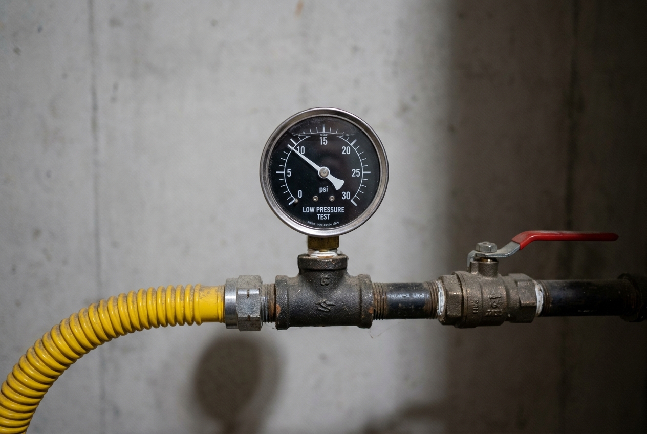 Manometer connected to a gas line test point during a pressure test