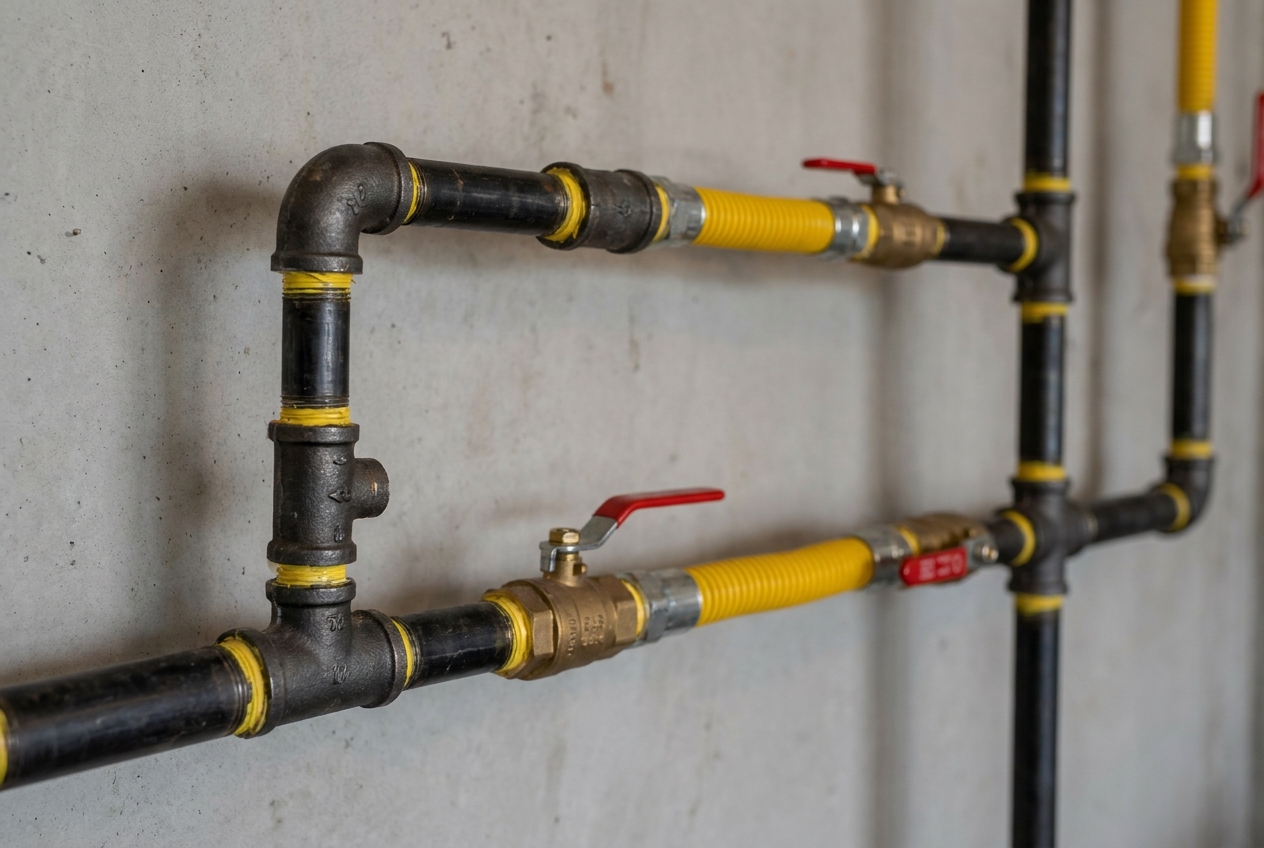 Newly made black iron gas pipe joints with thread sealant applied