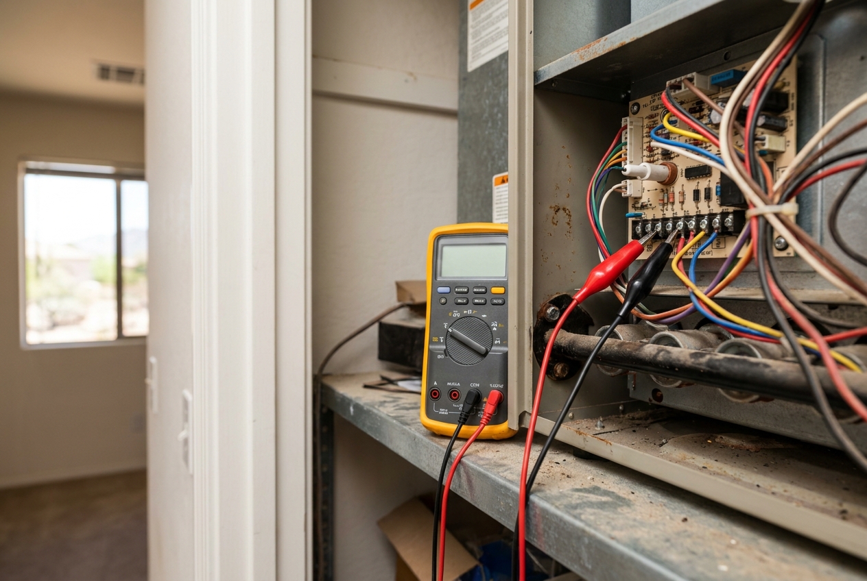 Multimeter with test leads clipped to a furnace control board inside an open cabinet