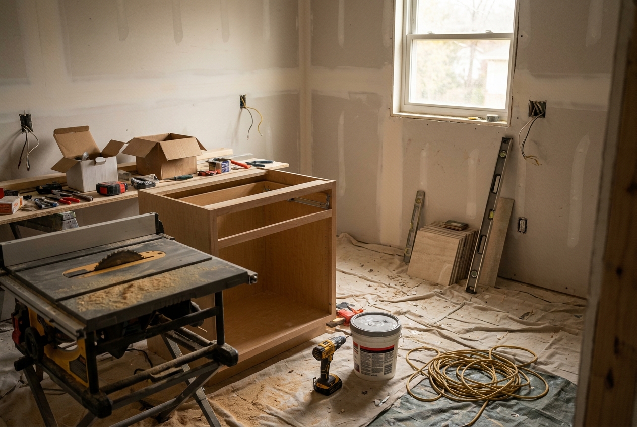 Renovation planning materials laid out in a room stripped back for work