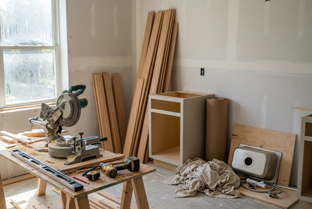 Renovation work area with drop cloths, stacked trim, a base cabinet and a new sink ready to install
