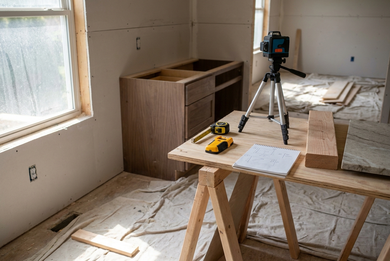 Laser level on a tripod beside a tape measure and a notepad of sketched measurements