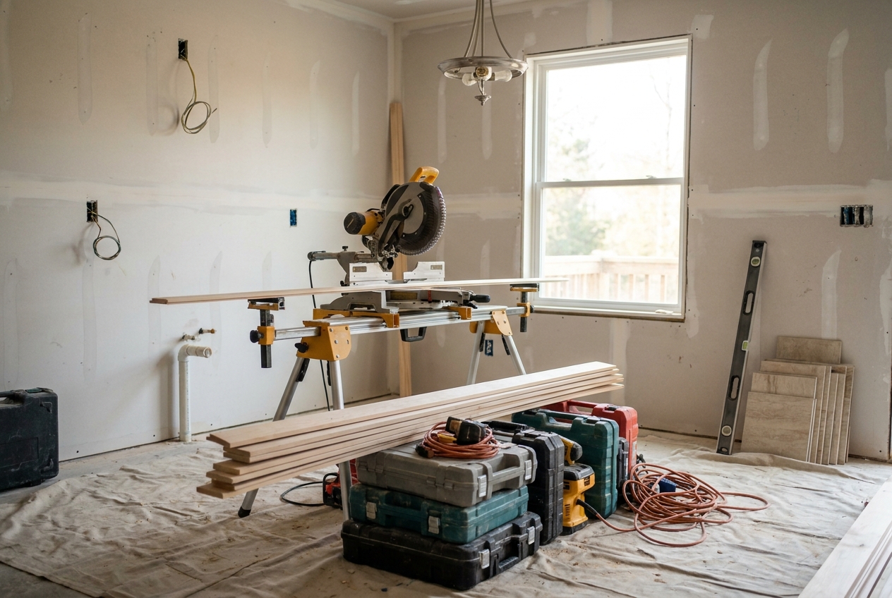 Miter saw set up on a stand with trim stock and tool cases in a drywalled room