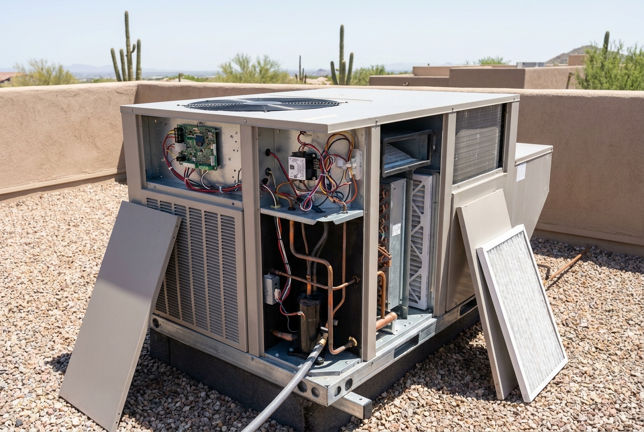 Commercial unit coil and filter compartment opened for scheduled service