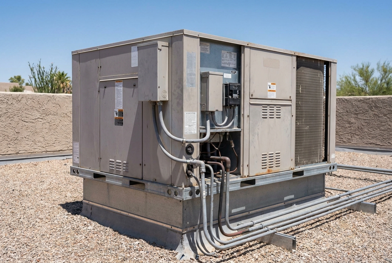 Rooftop unit with the coil compartment exposed for cleaning