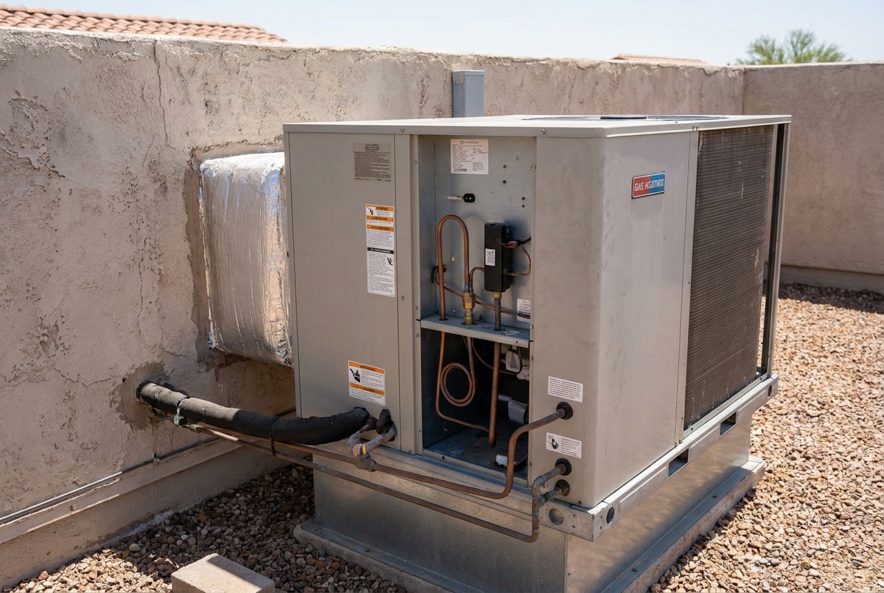 Outdoor gas heating package unit with an access panel removed showing copper refrigerant piping