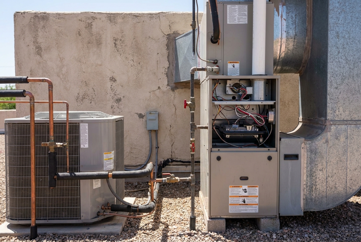 Outdoor condensing unit beside a furnace with its panel off, gas piping and shutoff valves running to it
