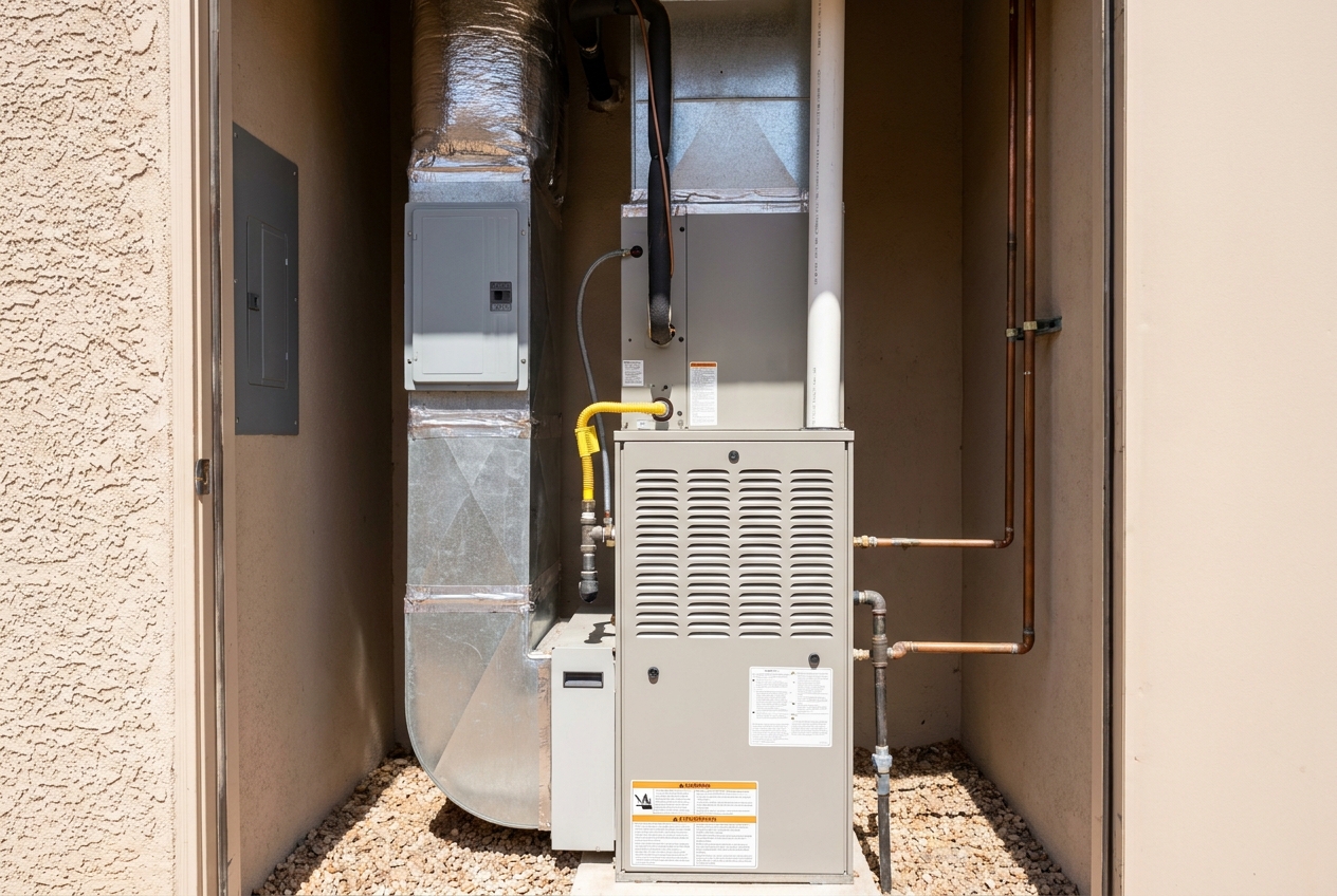 Gas furnace cabinet installed with clearance for airflow and service access