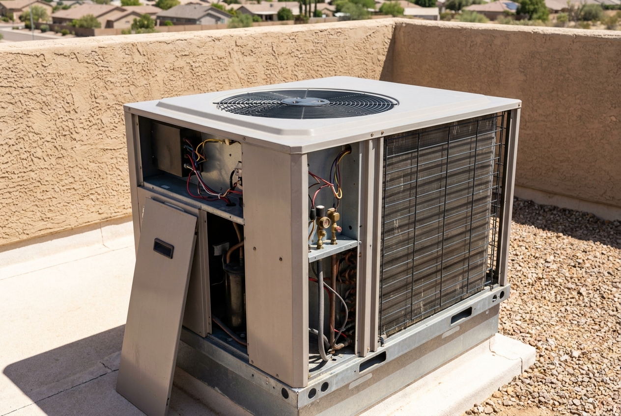 Packaged rooftop unit with its access panel removed and leaning against the cabinet, exposing wiring, service valves and the coil