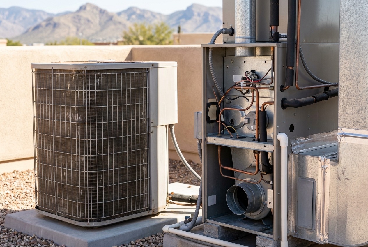 Outdoor condenser next to an opened equipment cabinet showing copper refrigerant lines, wiring and a blower housing
