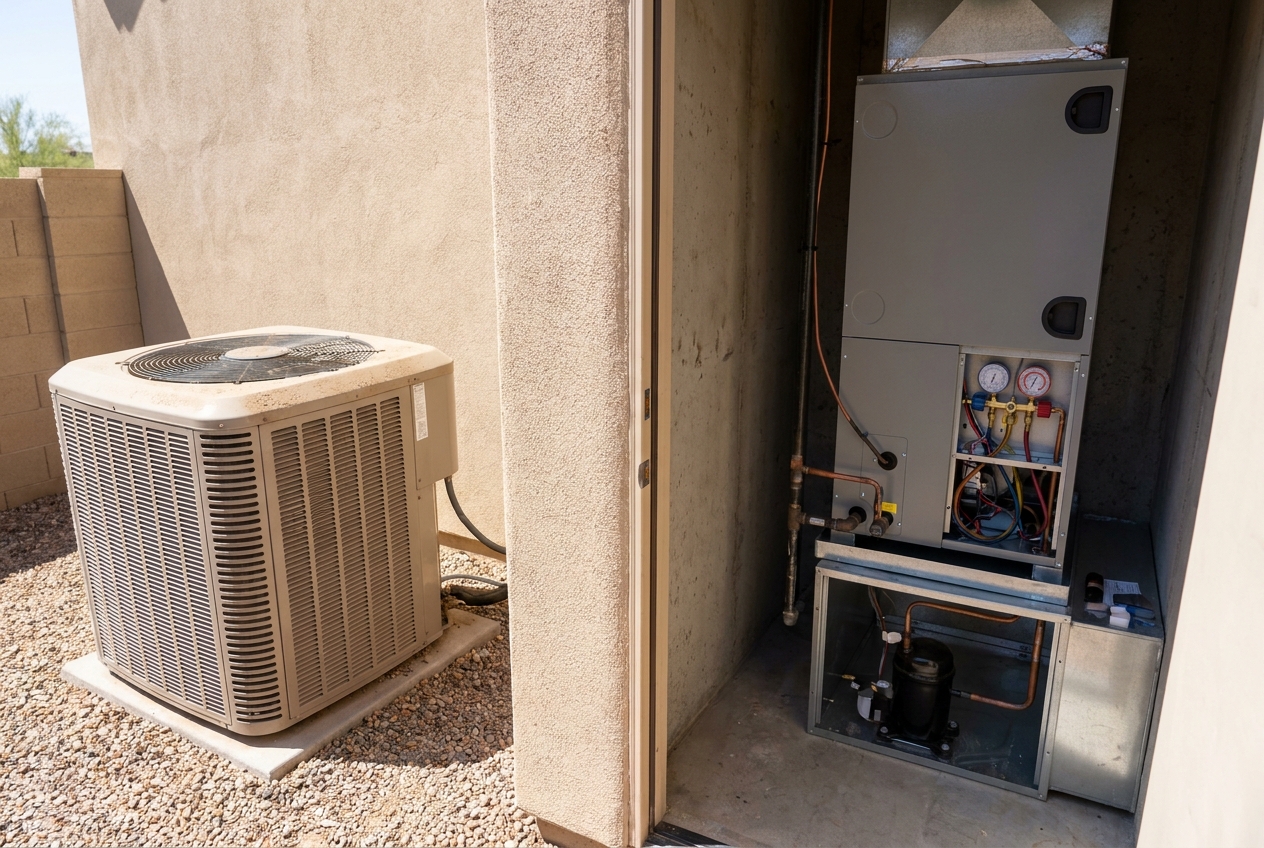 Outdoor condenser on a pad next to an exterior closet holding an air handler with gauges connected and copper lines run to it