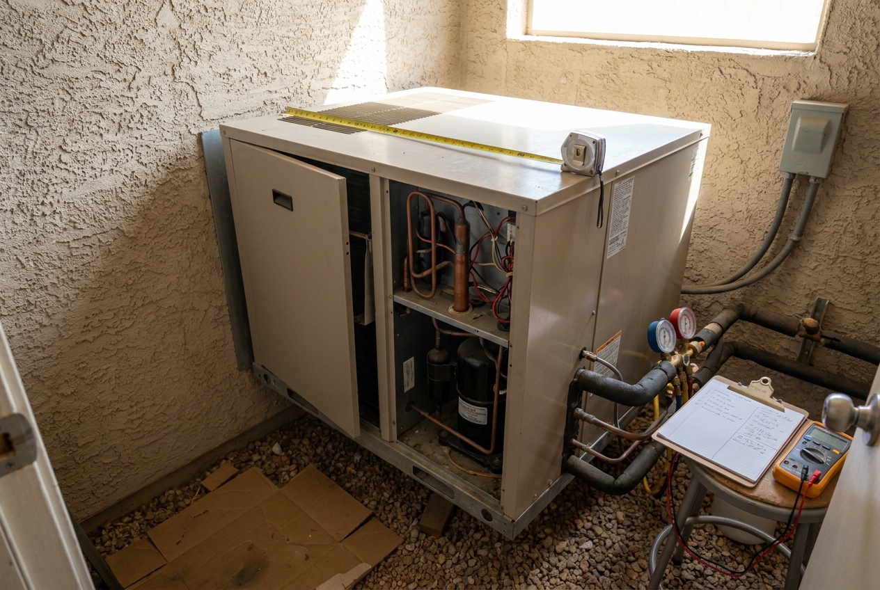 Packaged unit in a stucco alcove with its panels off, a tape measure across the top and gauges, a clipboard and a multimeter alongside