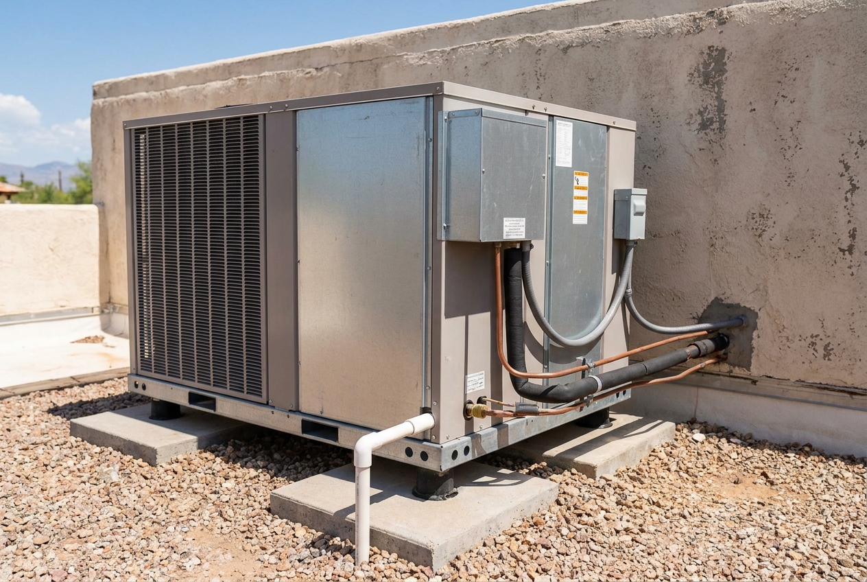 Packaged unit set on concrete pads in gravel beside a stucco wall with refrigerant lines and a condensate pipe