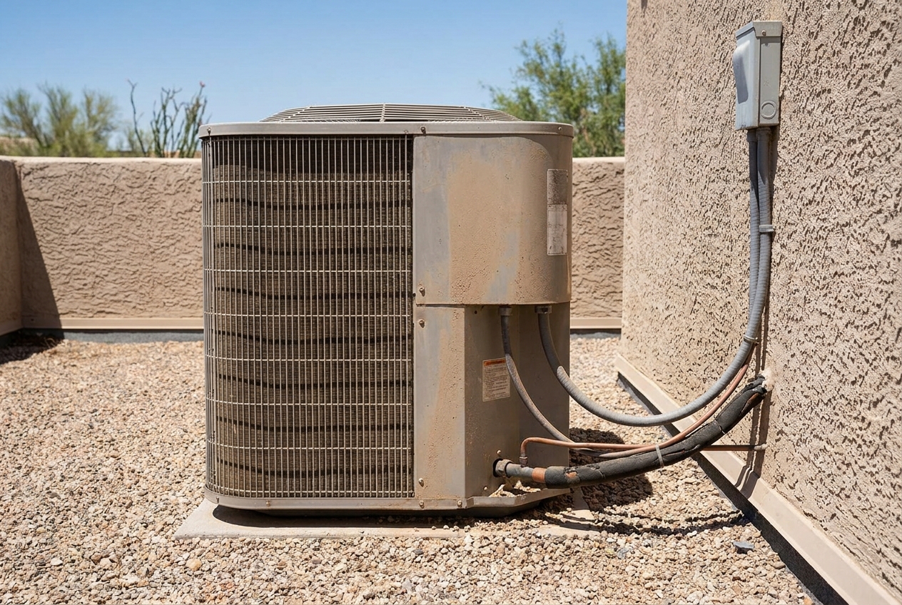 Outdoor heat pump condenser with its line set and electrical disconnect at the wall