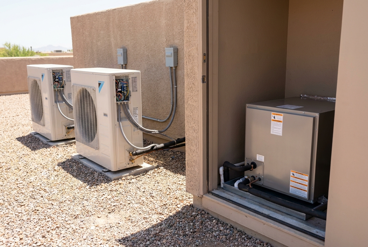 Two all-electric heat pump condensers outside with the air handler in a wall alcove
