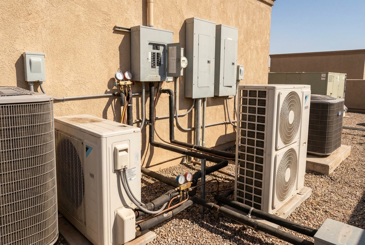 Bank of mini split condensers with electrical panels and refrigerant gauges