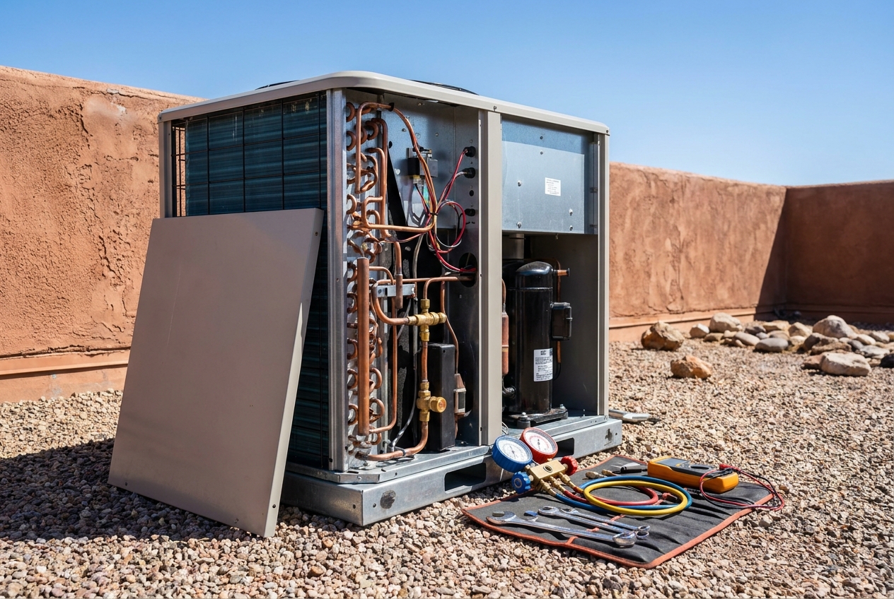 Heating unit opened with refrigerant gauges and test tools set out beside it