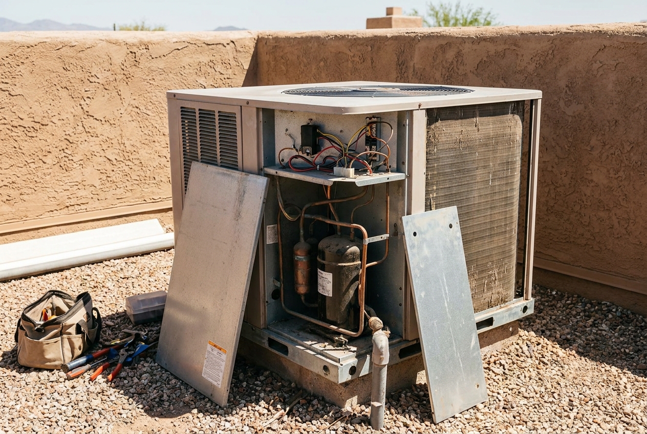 Packaged heating unit opened with tools laid out during a service call