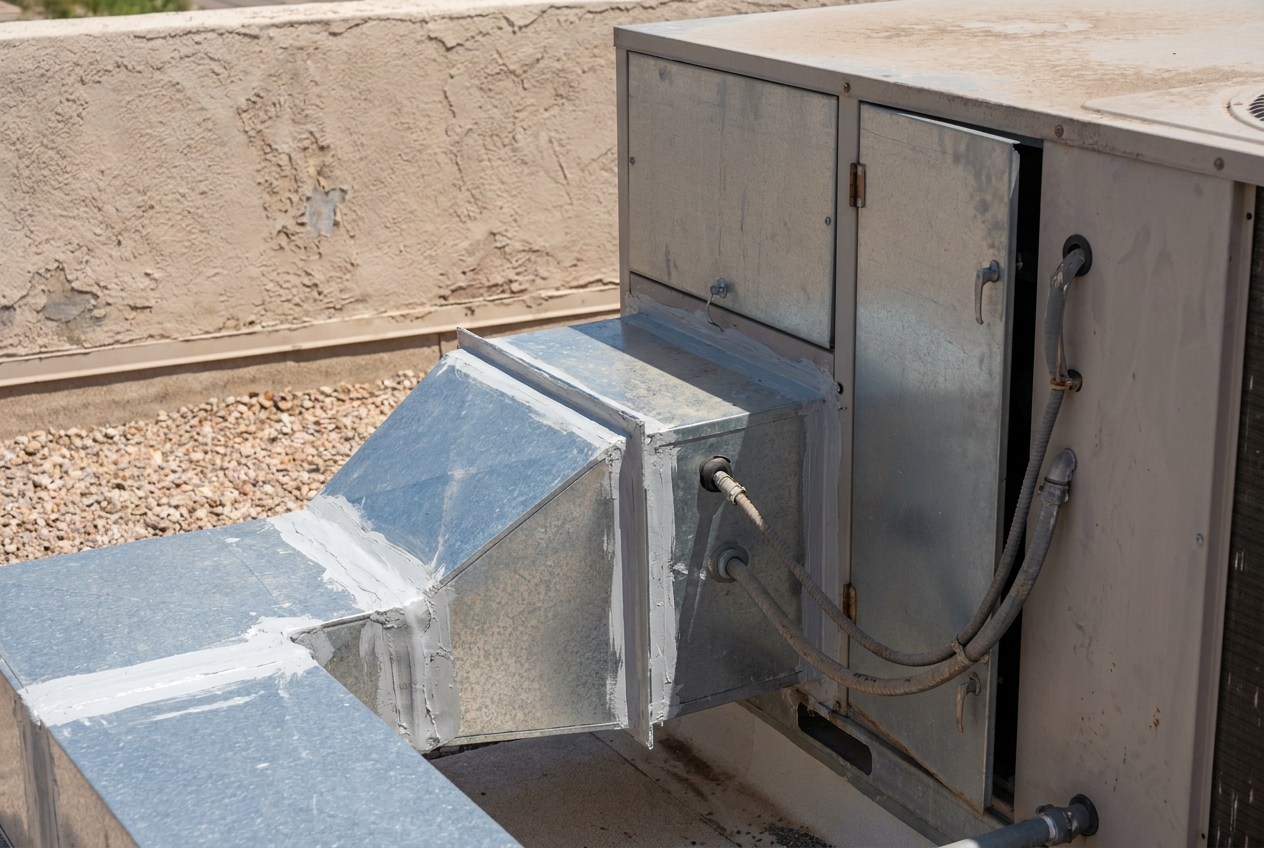 Sealed sheet metal duct transition connected at a packaged heating unit