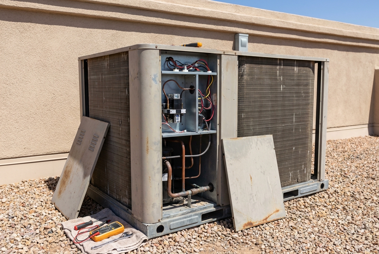 Packaged heating unit opened with access panels off and test tools laid out
