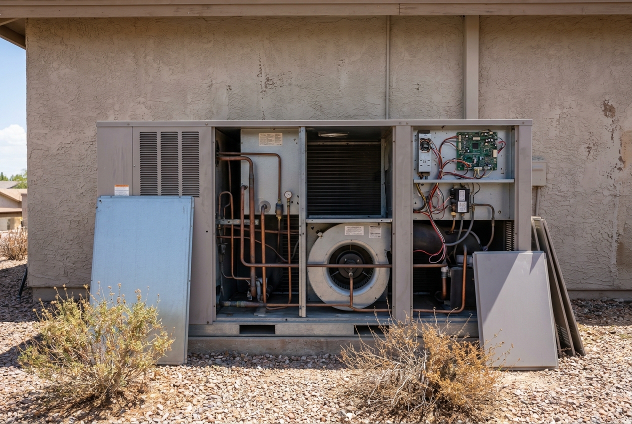 Ageing packaged heating unit opened showing the blower, coil and control board