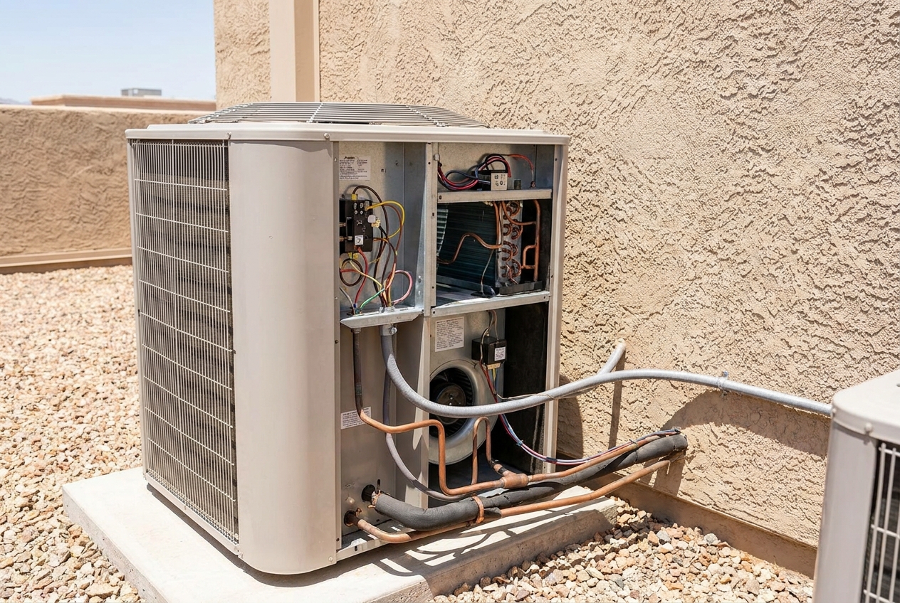 Heating unit opened at the electrical compartment with wiring and controls accessible
