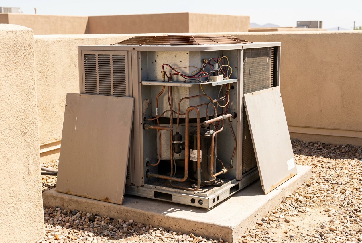 Outdoor package unit with both access panels removed showing the compressor and refrigerant piping