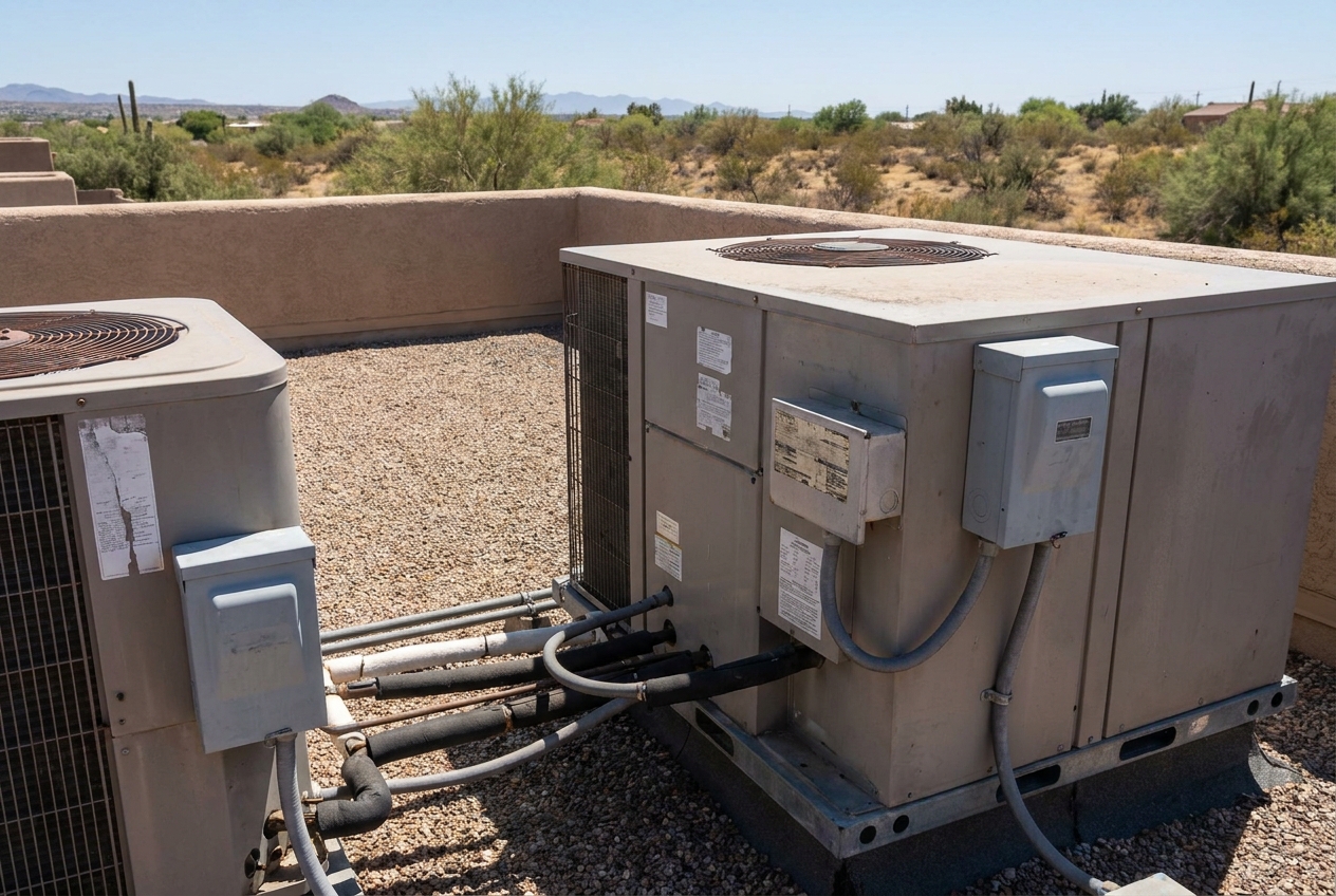 Two outdoor HVAC units inside a walled equipment area with refrigerant lines and disconnect boxes