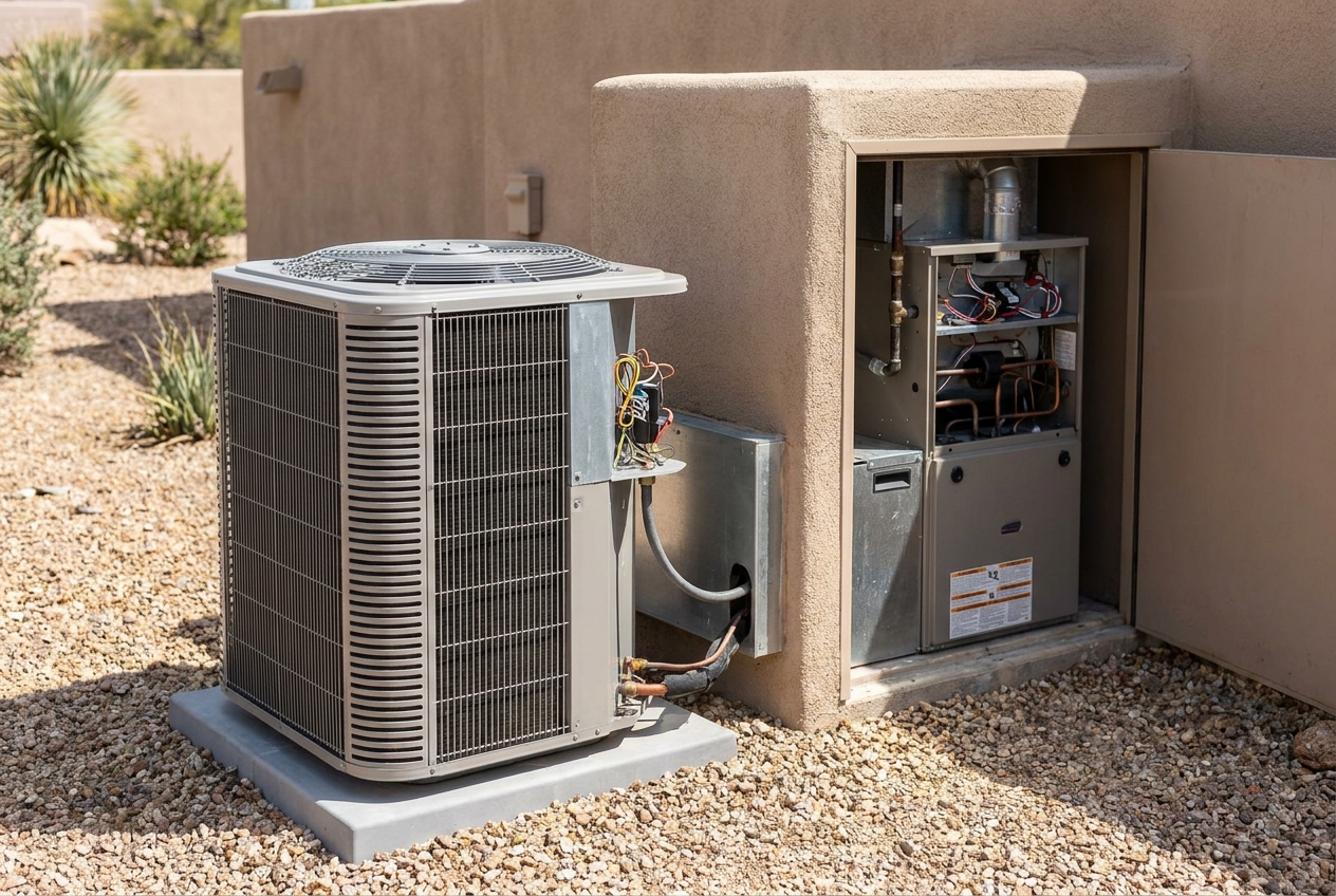 Outdoor condensing unit on a pad next to a furnace installed in an exterior wall alcove