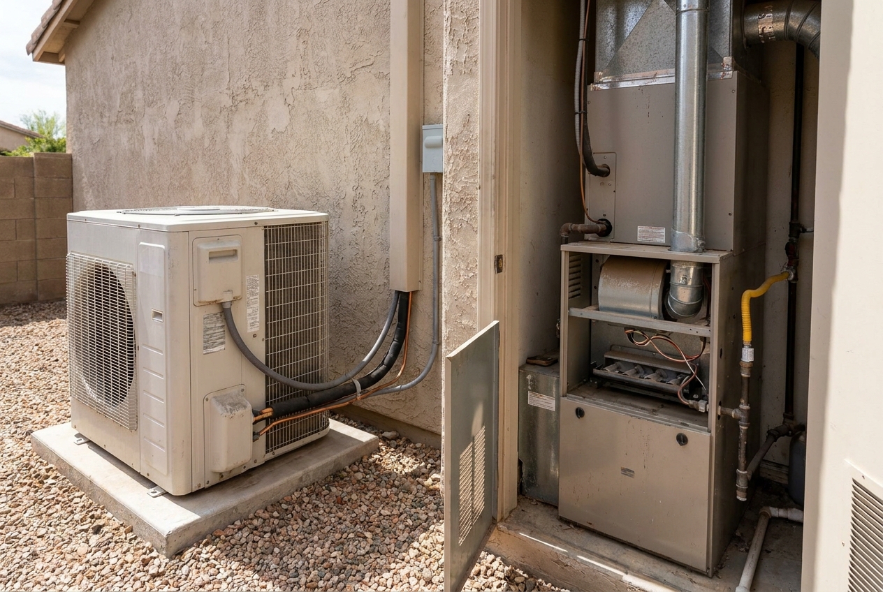 Outdoor condensing unit beside a furnace cabinet with a yellow gas line and flue pipe connected