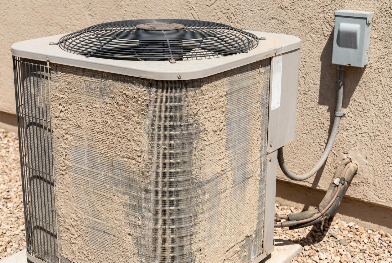 Condenser coil fins packed with fine desert dust