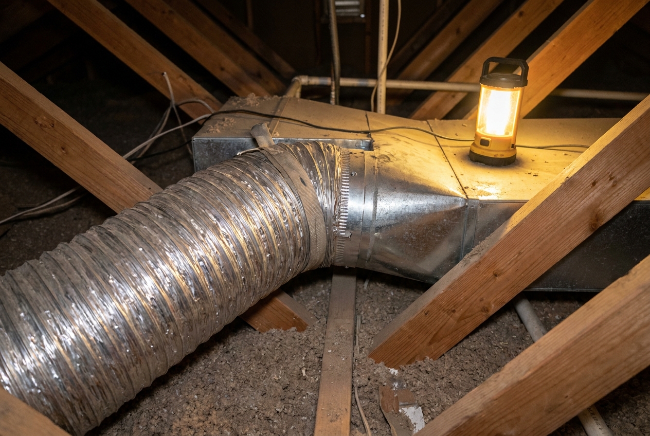 Commercial duct run inspected for leaks above a ceiling