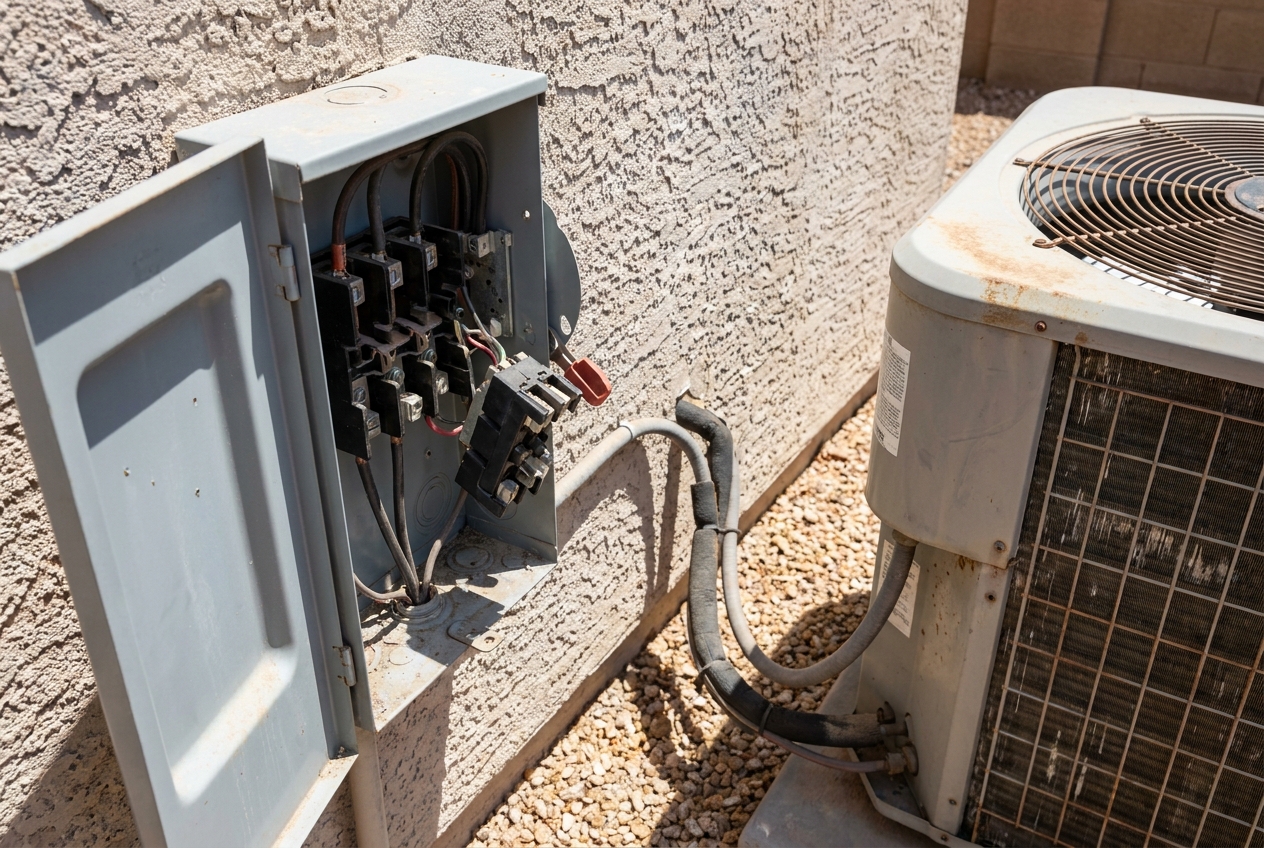 Electrical connections and disconnect being inspected on an HVAC unit