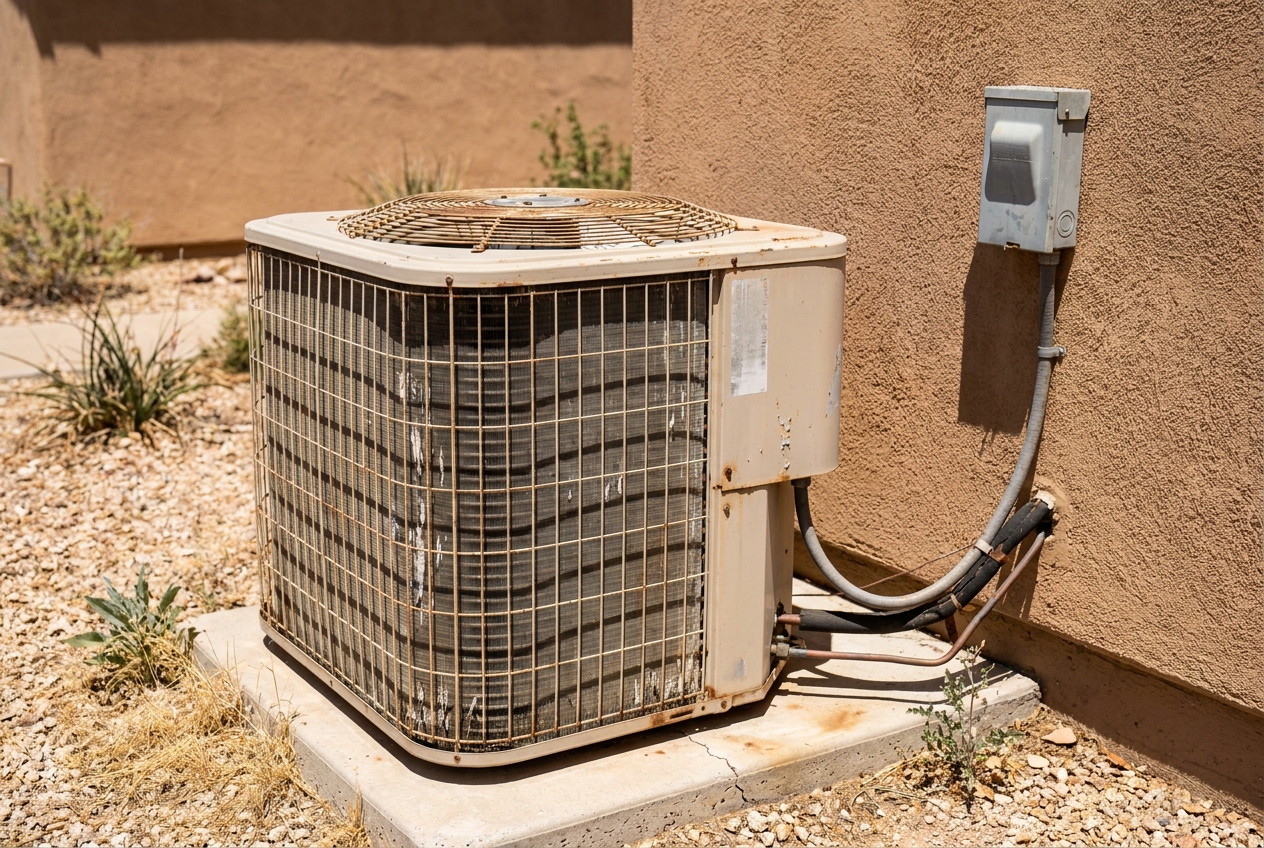 Weathered older condensing unit standing beside a Tucson home