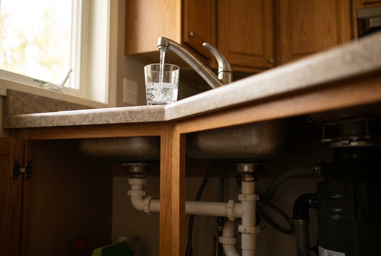 Clear treated water filling a glass at a kitchen faucet after commissioning