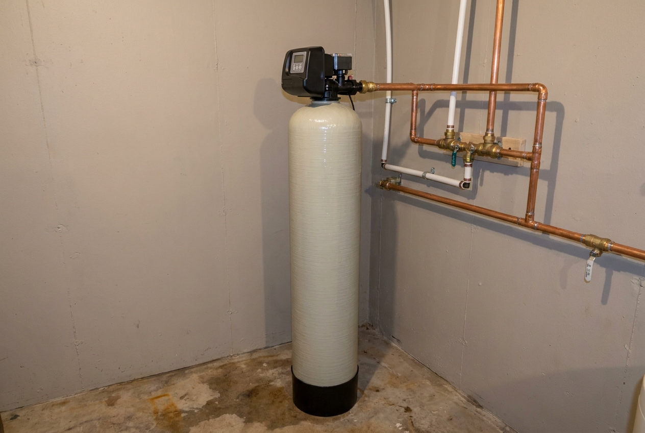 Whole-home treatment tank plumbed in at the main water entry with a bypass valve