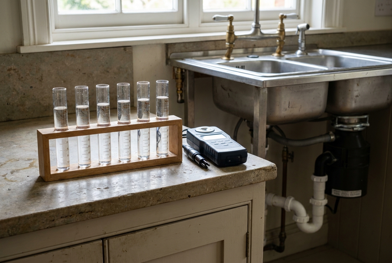 Graduated test vials and a handheld water testing meter on a kitchen counter